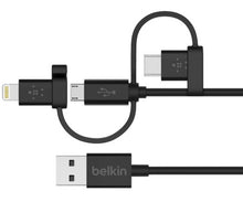 Charger l'image dans la galerie, Câble universel Belkin avec connecteurs micro-USB, USB-C et Lightning, noir
