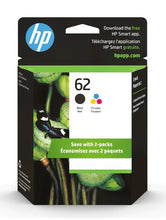 Charger l'image dans la galerie, HP 62 cartouches d'encre noires et tricolores authentiques, 2/paquet (N9H64FN)
